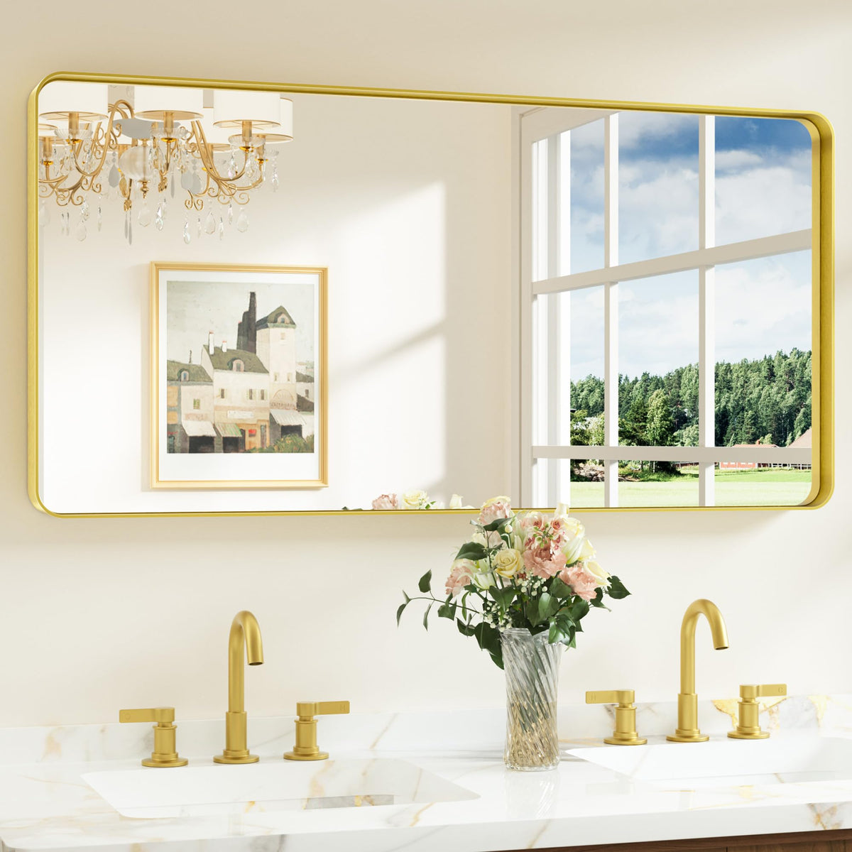 Keonjinn 48 x 24 Inch Brushed Gold Bathroom Mirrors for Over Sink