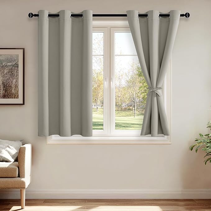 JIUZHEN Blackout Curtains with Tiebacks - Thermal Insulated, Light Blocking and Noise Reducing Grommet Curtain Drapes for Bedroom and Living Room, Set of 2 Panels, Silver Grey, 42 x 54 Inch Length