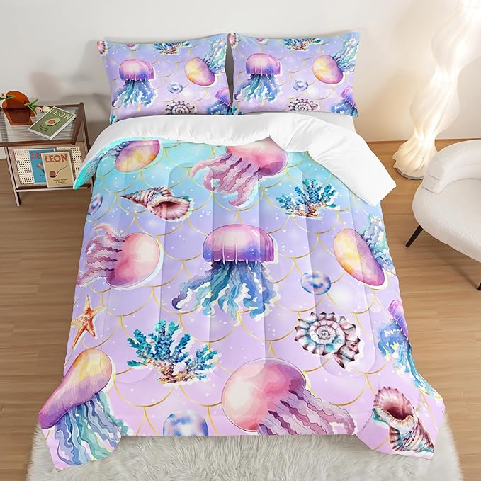 Cute Ocean Comforter Set Kids Bedding Full Size,Color Jellyfish Conch Sea Star Print Comforter for Teens Boys Girls Room Decor,Kawaii Beach Bedding Set with 2 Pillowcases.