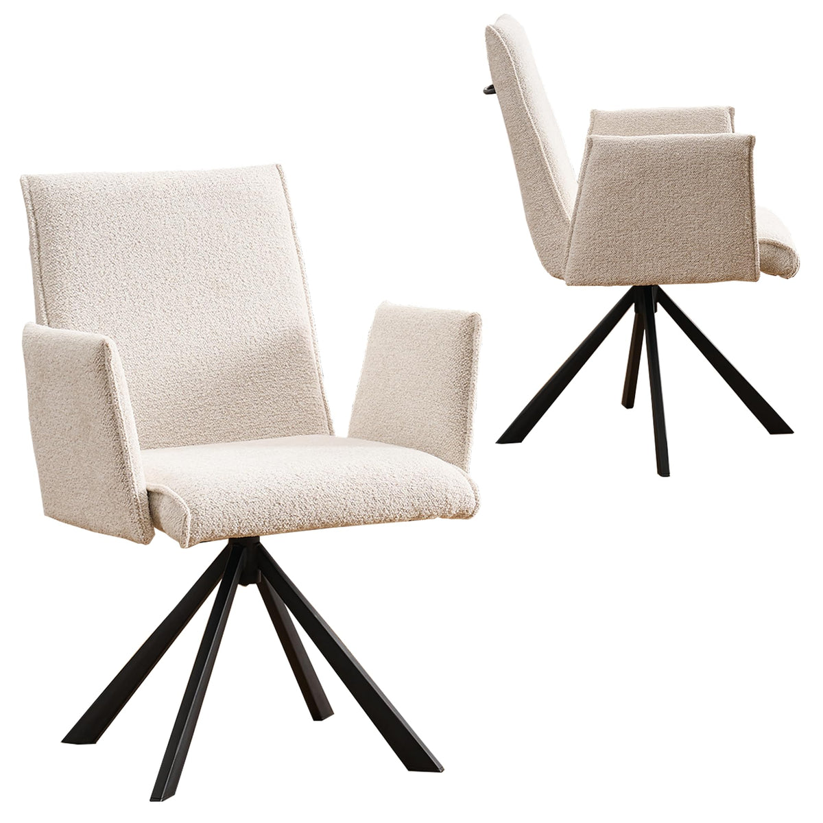 Rowill Boucle Desk Chair Set of 2 No Wheels, Mid Century Mordern Office Chair Swivel Adjustable Height with High Back and Arms for Home Office Bedroom Living Room, Beige