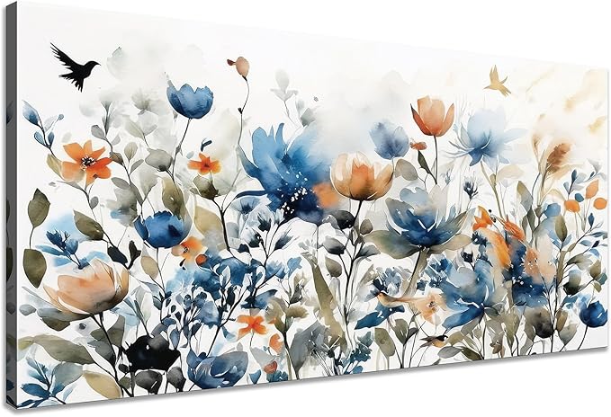 KZKU Watercolors Floral Canvas Wall Art Prints for Home Decor Living Room Dining Room Bedroom Office Wall Decor Multicolored Flowers Canvas Artwork Size：20x40inch