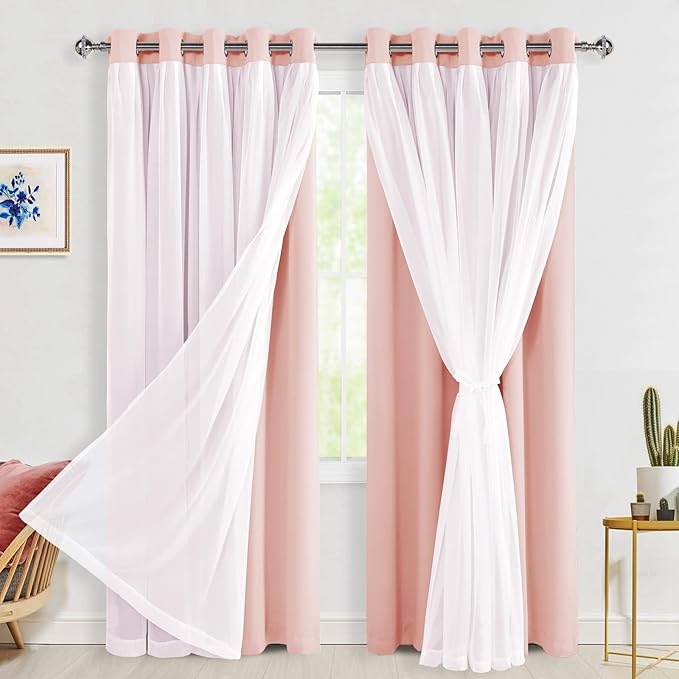 Hiasan Pink Blackout Curtains with Sheer Overlay Thermal Insulated Mix & Match Double Layer Room Darkening Window Curtains for Bedroom Living Room Nursery 2 Panels with Tiebacks (60W X 84L,Blush Pink)