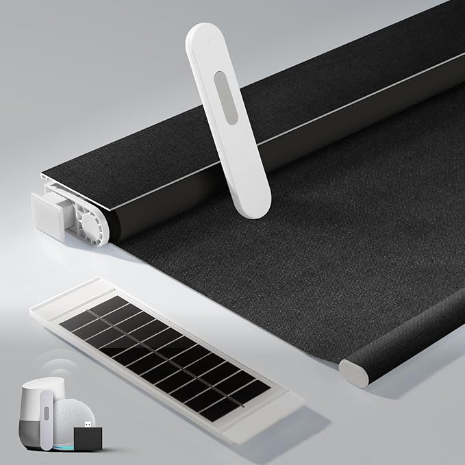 No Drill Motorized Blinds with Remote, Blackout Automatic Blinds with Solar Panel, Cordless Smart Electric Roller Shades for Windows, Black, 34 x 72
