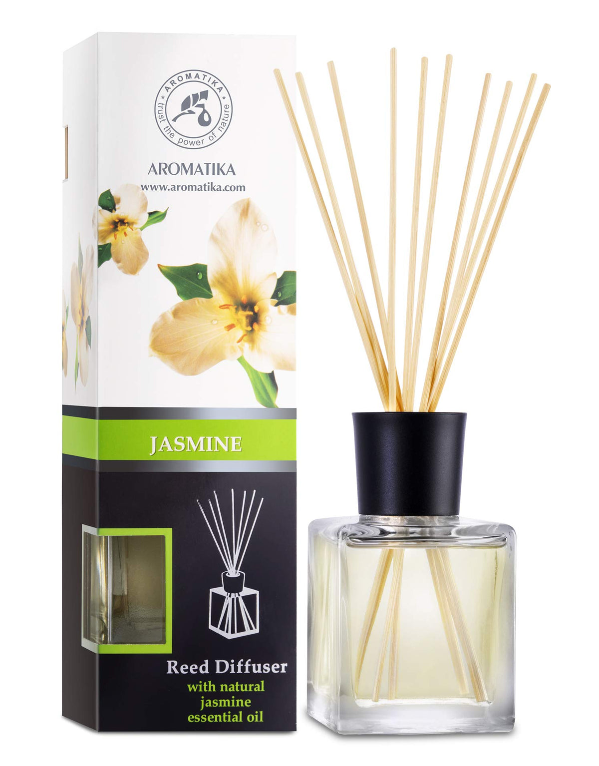 Jasmine Reed Diffuser w/Natural Essential Jasmine Oil 6.8 Fl Oz - Fresh & Long Lasting Fragrance - Scented Reed Diffuser - Gift Set w/Bamboo Sticks - Best for Aromatherapy - SPA - Home