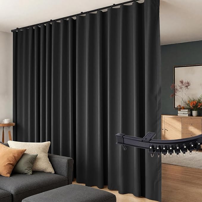 Room Divider Curtains Flexible Ceiling Tracks Set Curtain Track Ceiling Mount Blackout Curtain for Living Room Bedroom Ceiling Curtain Rod Privacy Dividers Panels W180 x H108 Black Drape & Black Rail