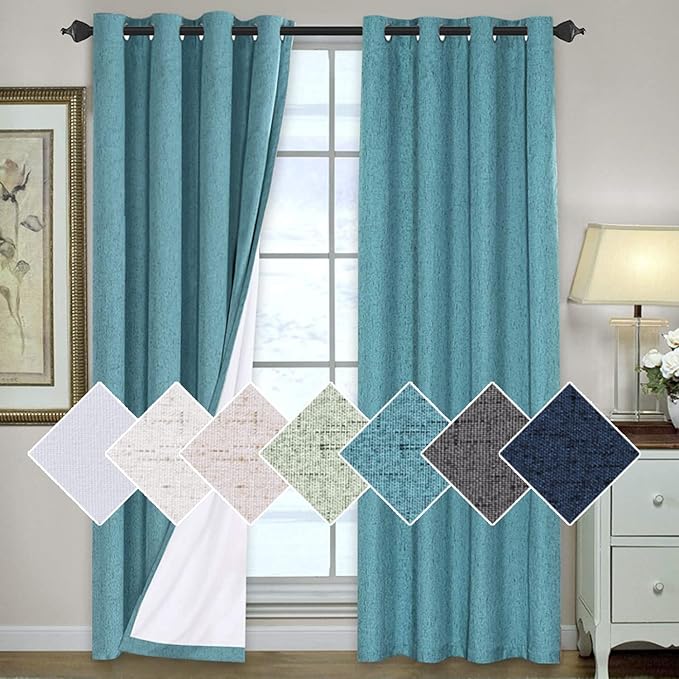 H.VERSAILTEX 100% Blackout Curtains for Bedroom 108 Inches Long Grommet Linen Face Full Light Blocking Curtain Drapes for Living Room Thermal Insulated Linen Look Curtains 2 Panels Set, Teal Blue
