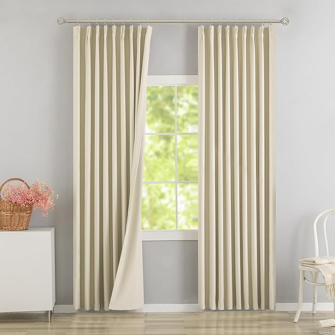 DONREN Cream 60 inch Wide Pinch Pleated Blackout Curtains with Hooks - 90 inch Length Room Darkening Thermal Insulated Window Curtain Panels for Patio Sliding Glass Door,Pack of 2