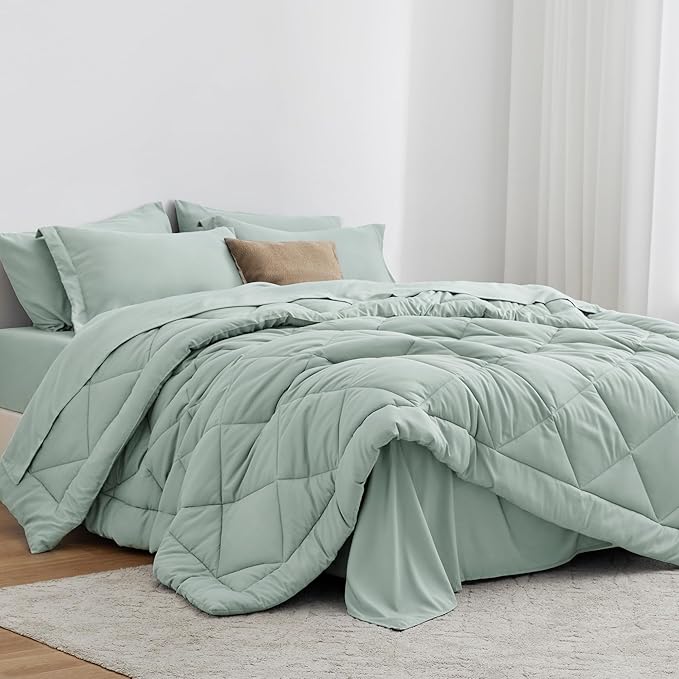 Love's cabin California King Comforter Set Aqua, 7 Pieces California King Bed in a Bag, All Season Bedding Sets with 1 Comforter, 1 Flat Sheet, 1 Fitted Sheet, 2 Pillowcase and 2 Pillow Sham