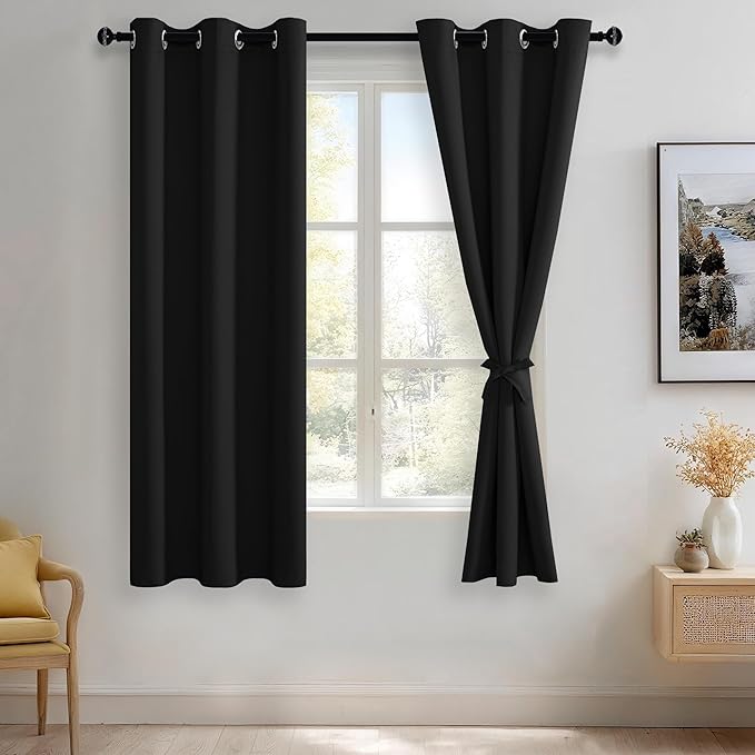 JIUZHEN Black Blackout Curtains for Bedroom - Light Blocking and Noise Reducing Grommet Curtains for Living Room Darkening Curtains, Set of 2 Window Curtain Panels, 38 x 63 Inch Length