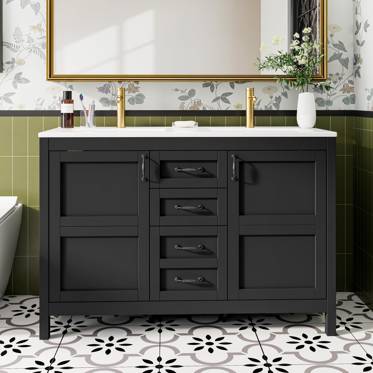 ELEVACHIC 48" Bathroom Vanity with Sink Combo, Freestanding Modern Thickened Wood Bathroom Storage Cabinet with Undermount Double Sink, 3 Drawers & 2 Soft-Close Doors with Organizers, Black