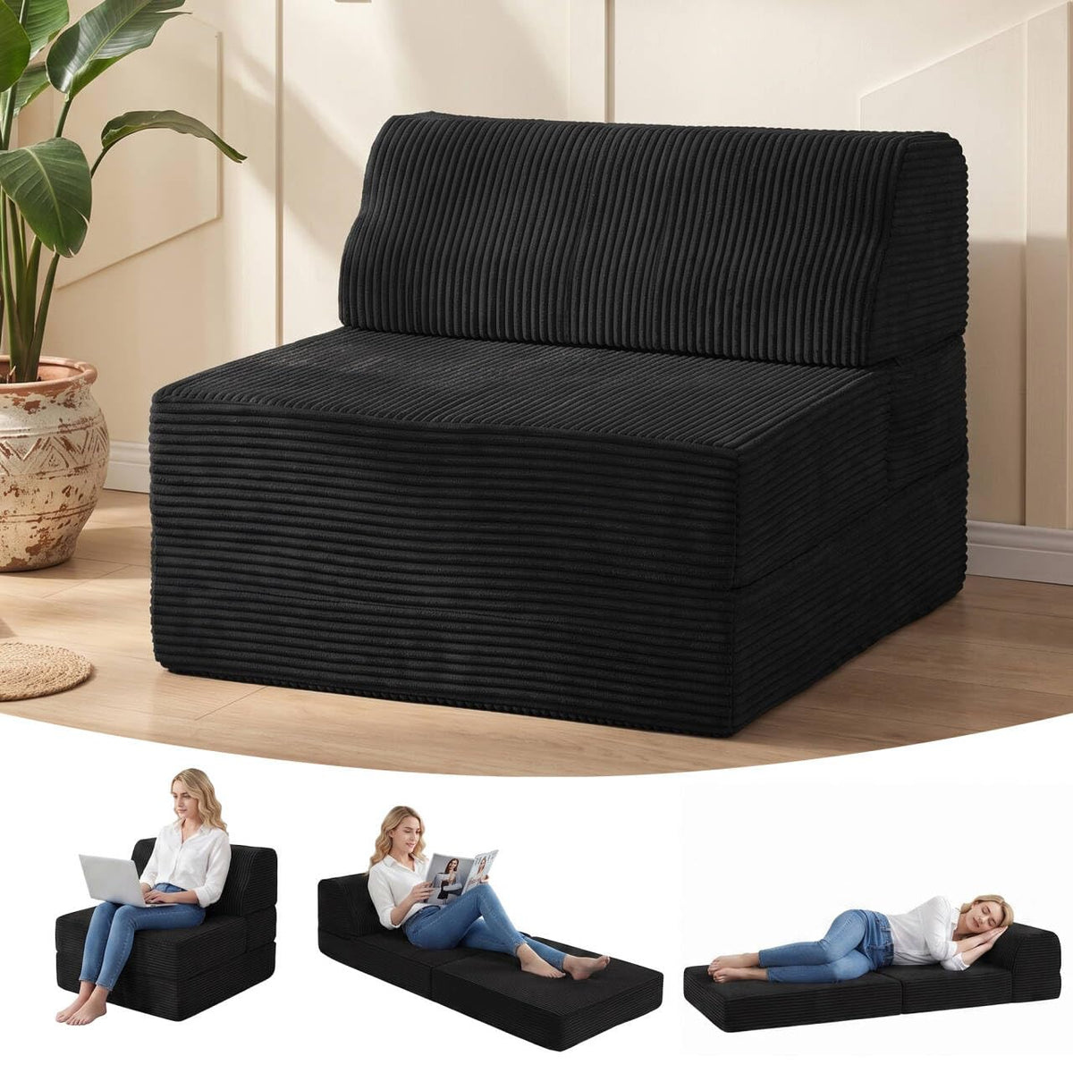 Kasunpul Folding Sofa Bed with Pillow, Memory Foam Fold Out Chair Bed, Convertible Sleeper Chair with Washable Cover, Futon Floor Couch for Living Room/Dorm/Guest Use/Home Office/Apartment, Black New
