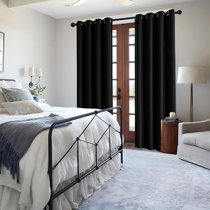 Black Blackout Curtains 90 Inch Length 2 Panels Set, Black Out Curtains for Bedroom 90 Inch Long, Grommet Energy Saving Room Darkening Drapes for Living Room Window(W52 x L90)