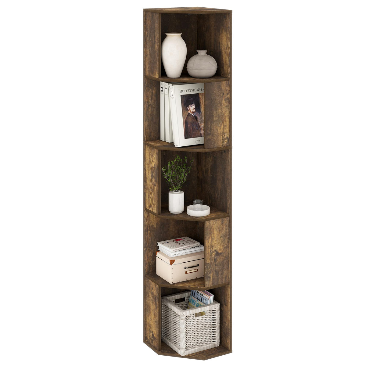 VPSMAT Black 5 Tier Slim Corner Bookshelf with Open Shelves, Wood Black Tall Corner Shelving Unit, Narrow Book Shelves for Bedroom, Living Room, Bathroom, 11.73" x 11.73" x 60.71", Brown