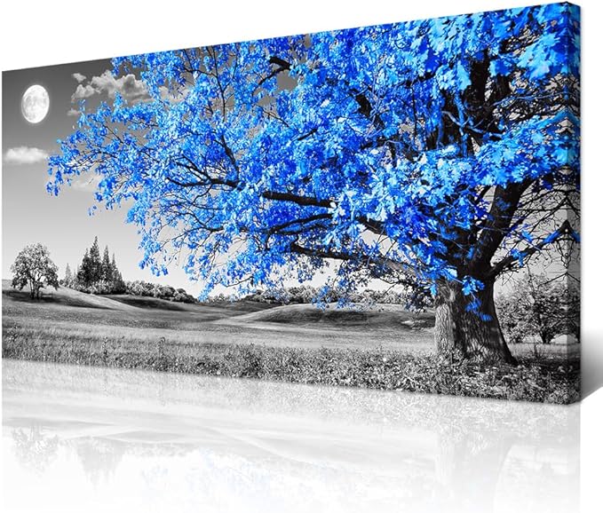 Wapluam Canvas Wall Art For Living Room Modern Wall Decor For Bedroom Black And White Wall Paintings Blue Tree Scenery Pictures Prints Artwork Office Decor Room Aesthetic Home Decor 20" X 40"