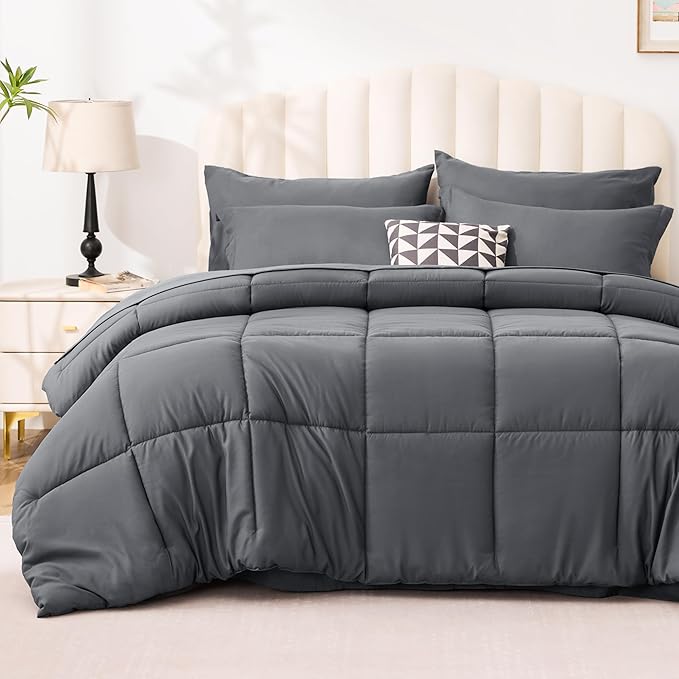 Love's cabin King Size Comforter Set Soot Grey, 7 Pieces King Bed in a Bag, All Season Bedding Sets with 1 Comforter, 1 Flat Sheet, 1 Fitted Sheet, 2 Pillowcase and 2 Pillow Sham