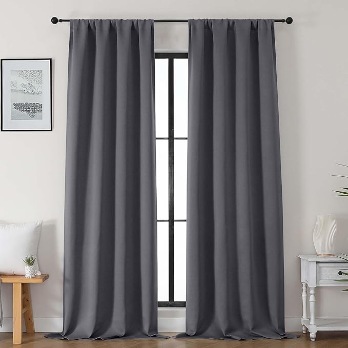 Gwine Charcoal Grey Blackout Curtains for Bedroom 96 Inch Length, Room Darkening Energy Saving Black Out Curtains for Living Room, Window Treatment Drapes with Rod Pocket, Each 40" Wx96 L, 2PCS