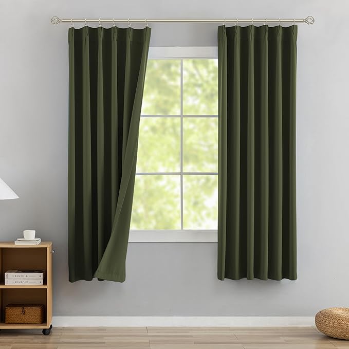 DONREN Olive Green Pinch Pleated Blackout Curtains with Hooks - 63 inch Length Room Darkening Thermal Insulated Short Window Curtain Panels for Bathroom Kids Room 2 Panel 40" Wx63 L