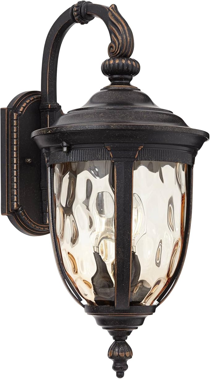 John Timberland Bellagio Vintage Outdoor Wall Light Fixture Bronze Brown Metal 20 1/2" Champagne Hammered Glass Curved Arm for House Porch Patio Outside Deck Garage Yard Front Door Garden Home