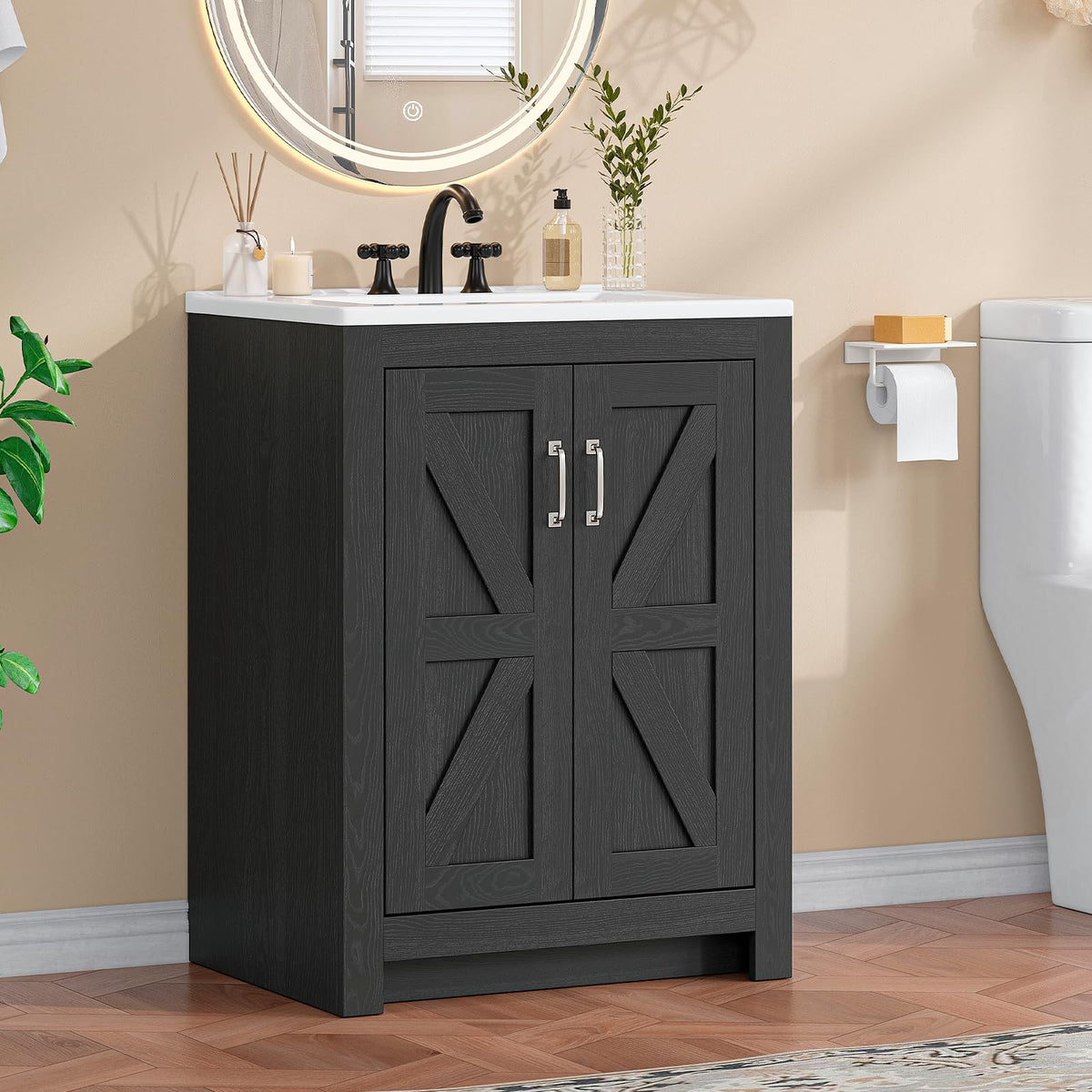 ONBRILL 24 Inch Farmhouse Bathroom Vanity with Sink, Black Bath Vanity