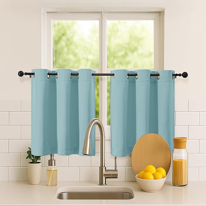Simplebrand Aqua Short Kitchen Curtains 24 Inch Length 2 Panels Set, Small Windows Room Darkening Curtain for Bathroom, Cabinet, Basement, RV Camper, Thermal Insulated Short Drapes, 40 x 24 Inch