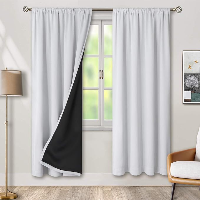 BGment Thermal Insulated 100% Blackout Curtains for Bedroom with Black Liner, Double Layer Full Room Darkening Noise Reducing Rod Pocket Curtain (42 x 72 Inch, Greyish White, 2 Panels)