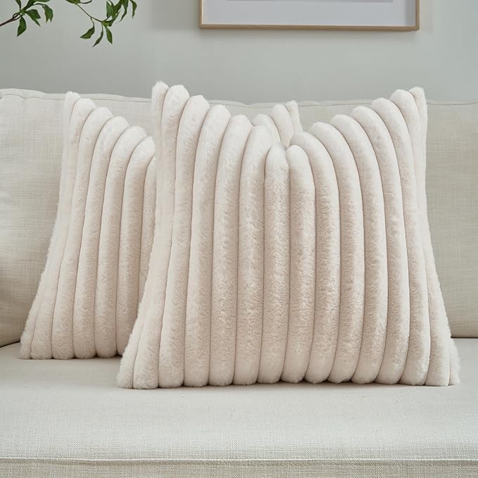 FUTEI Light Beige Throw Pillow Covers Set of 2, 22x22 Inch Striped Texture Cushion Cases with Soft Faux Rabbit Fur Front & Velvet Back, Modern Decorative Couch Pillows for Living Room