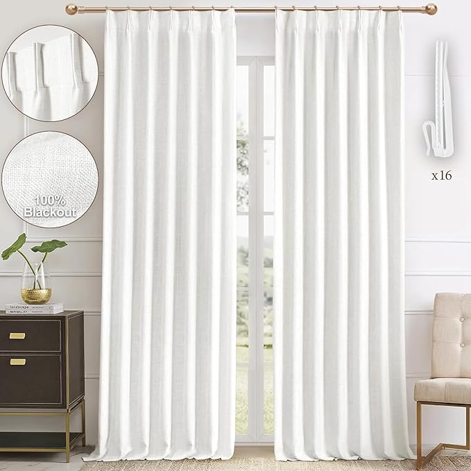 IVAPUPU Pinch Pleated Linen Blend Blackout Curtains for Bedroom - Ivory Full Black Out Curtains 95 Inch 2 Panels Set for Living Room Darkening Thermal Window Curtain Drapes with 16pc Hooks