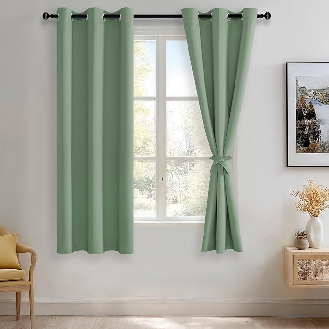 JIUZHEN Light Sage Blackout Curtains with Tiebacks Thermal Insulated, Light Blocking and Noise Reducing Grommet Curtains for and Living Room, Set of 2 Window Curtain Panels, 42 x 63 Inch Length