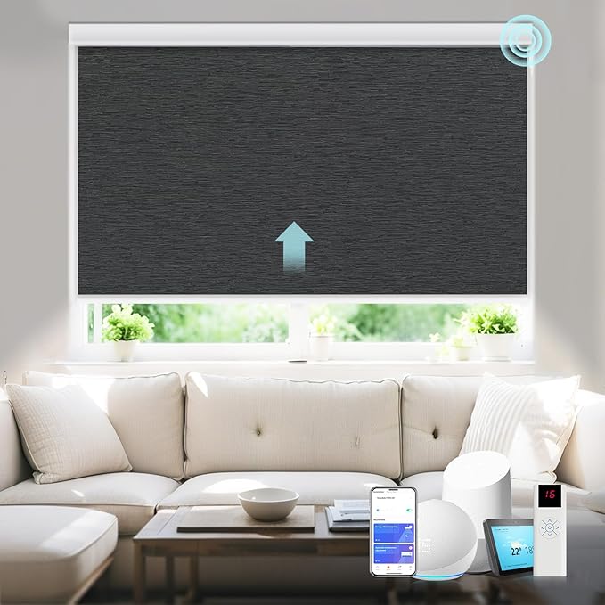 Motorized Blinds with Remote Smart Blackout Shades Electric Curtains Automatic Roller Blinds Shades for Indoor Windows Cordless with Alexa Google Home(Blackout Cloud Black,W22.5X H62)