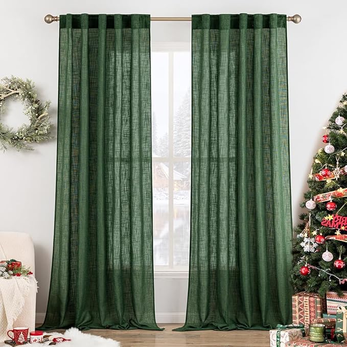 MIULEE Emerald Green Linen Curtains 96 Inch Long for Bedroom Living Room, Soft Thick Linen Textured Window Drapes Semi Sheer Light Filtering Rod Pocket Back Tab Christmas Burlap Look, 2 Panels