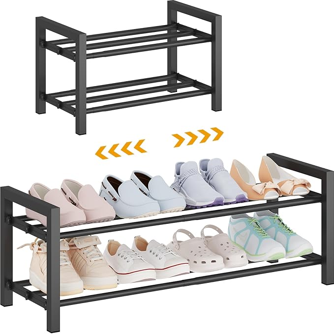 2-Tier Expandable Shoe Rack (17.5"-30.7") – Adjustable Heavy-Duty Metal Shoe Organizer Shelf for Closet, Entryway, Mudroom & Garage – Durable Freestanding Storage, Black