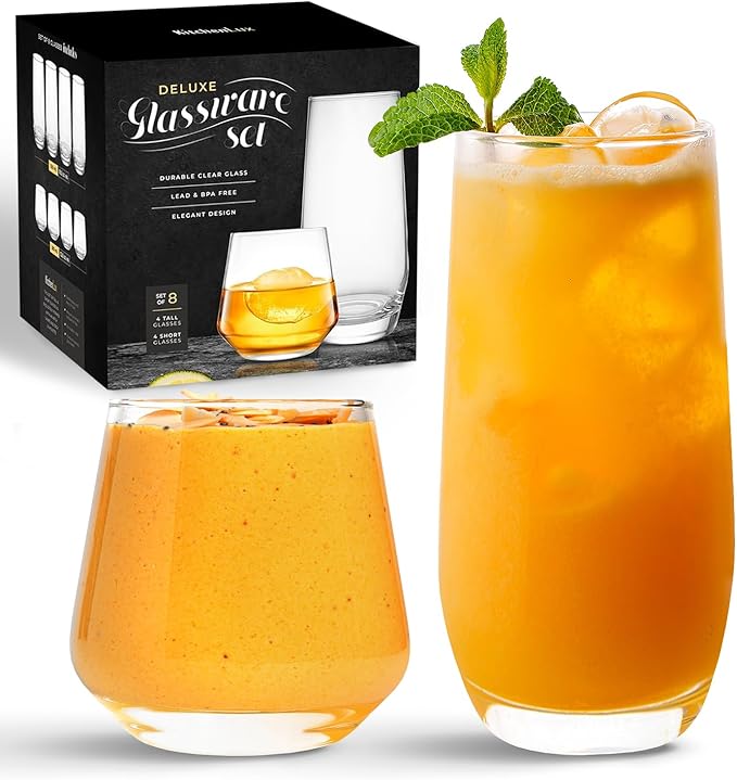 Short & Tall Drinking Glasses Set of 8 - 4 Tall Water Glasses and 4 Short Small Glass Cups Set - Elegant Glass Drinkware - Deluxe Glassware Sets for Highball Sparkling Cocktails, Wine, Beer, Whiskey