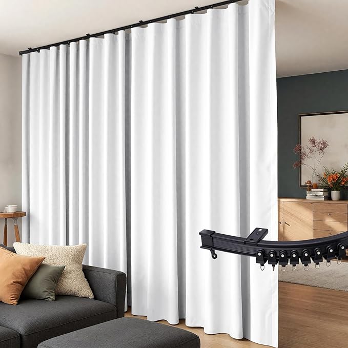 Room Divider Curtains Flexible Ceiling Tracks set Curtain track Ceiling Mount Blackout Curtain for Living Room Bedroom Ceiling Curtain Rod Privacy Divider Panel W150xH96 GreyishWhite Drape&Black rail