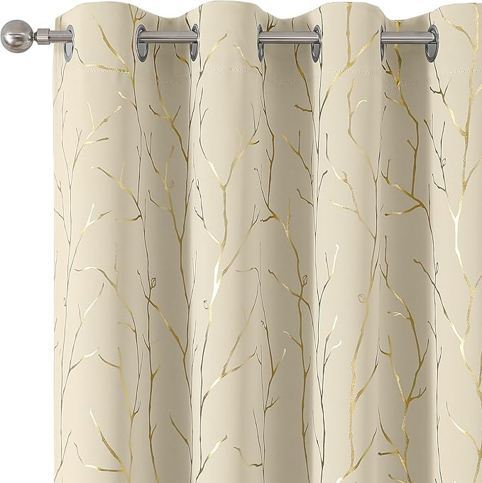 BUHUA Blackout Curtains Gold Tree Print Flower Grommet Drapes, Room Darkening Thermal Insulated Curtains, Noise Reducing Blackout Curtain for Bedroom, Beige, 52Wx72L, 2 Panels