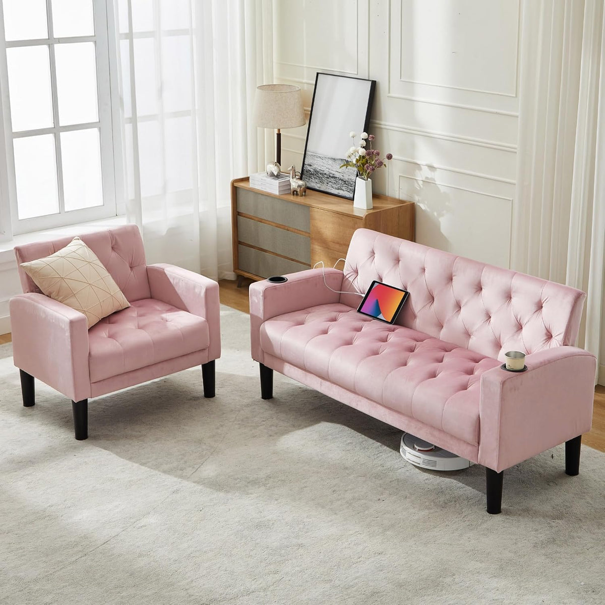 TYBOATLE Mid-Century Modern Tufted Pink Velvet Loveseat Sofa Set w/ 2 USB & 2 Cupholders, 2 Piece Living Room Furniture Sets, Small Love Seat Couches for Small Space Apartment Bedroom Office