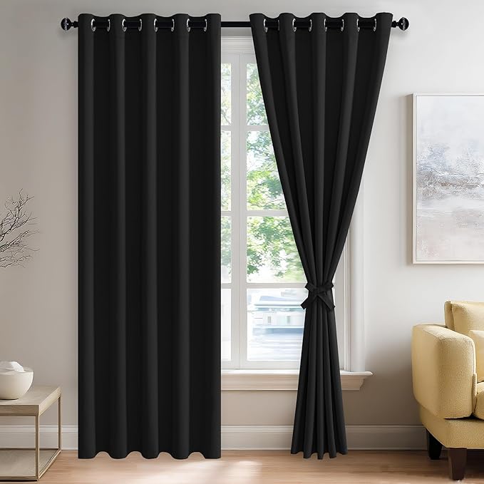 JIUZHEN Black Blackout Curtains with Tiebacks - Thermal Insulated, Light Blocking and Noise Reducing Grommet Curtains for Bedroom and Living Room, Set of 2 Window Curtain Panels, 60 x 84 Inch Length