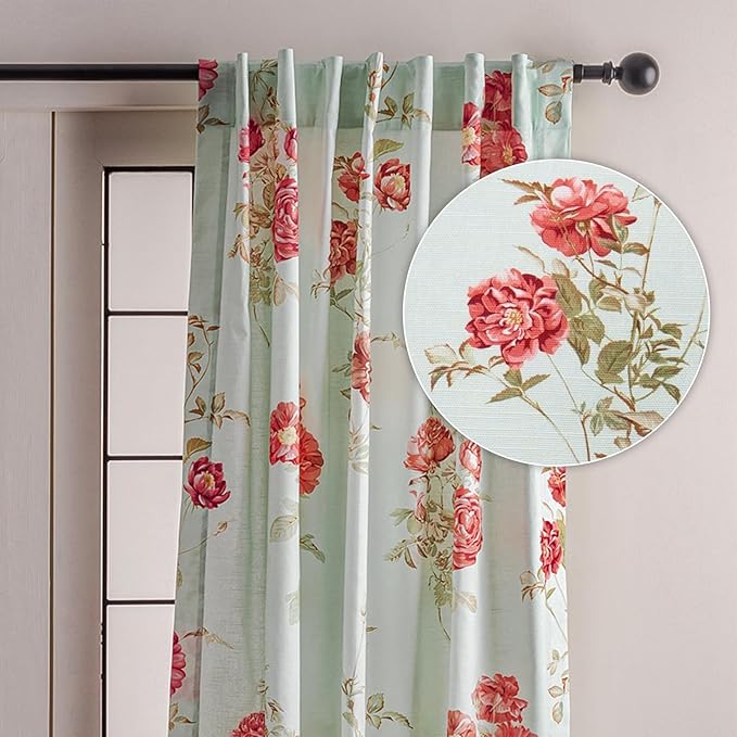 Maison d' Hermine Curtains for Living Room 100% Cotton 96 inch Length One Panel Light Filtering Curtains for Bedroom Windows with Rod and Loop Pockets Drapes (Villette Aqua, 50" W x 96" L)