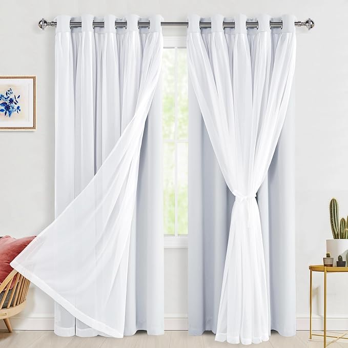 Hiasan Blackout Curtains with Sheer Overlay, Thermal Insulated Privacy Double Layer Mix & Match Grommet Window Curtains for Bedroom, Living Room, 2 Drape Panels with Tiebacks, Greyish White, 60W X 84L