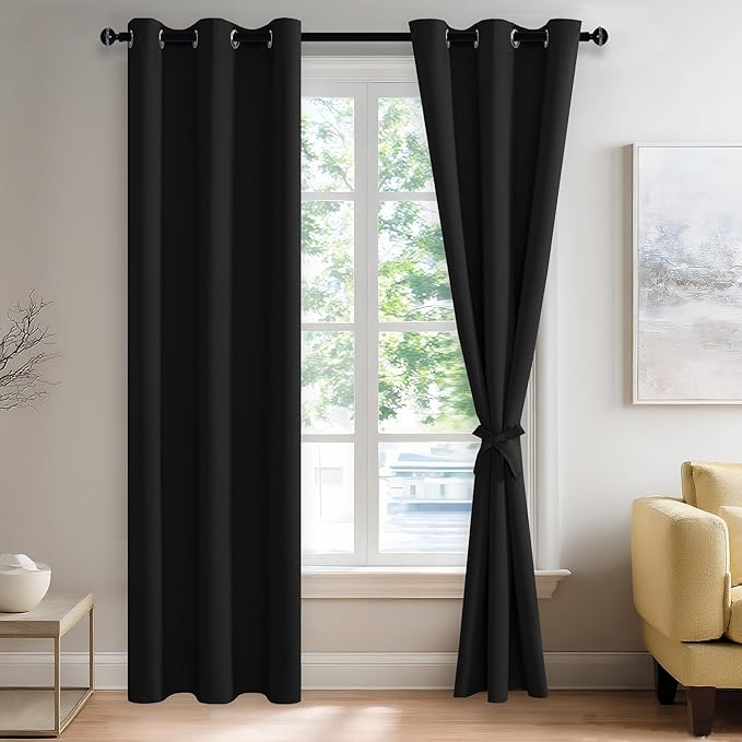 JIUZHEN Black Blackout Curtains with Tiebacks - Thermal Insulated, Light Blocking and Noise Reducing Grommet Curtain Drapes for Bedroom and Living Room, Set of 2 Panels, 42 x 84 Inches Long