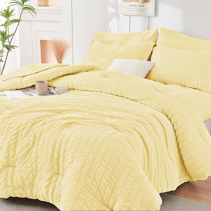 HYMOKEGE Yellow California King Comforter Set Seersucker 7 Pieces, All Season Luxury Bed in a Bag for Bedroom, Bedding Set with Comforter, Sheets, Pillowcases & Shams