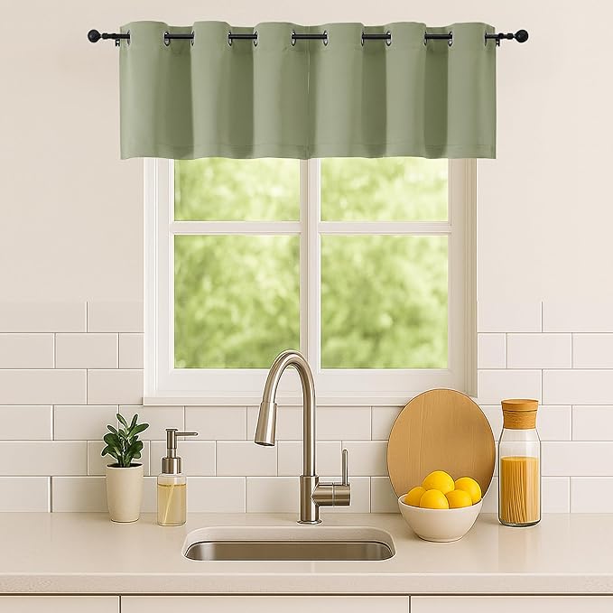 Simplebrand Sage Green Window Valance for Kitchen 14 Inches Long 2 Panels Set, Room Darkening Valance Curtains for Living Room, Grommet Short Privacy Kitchen Curtains for Bedroom Kids Room, 40Wx14L