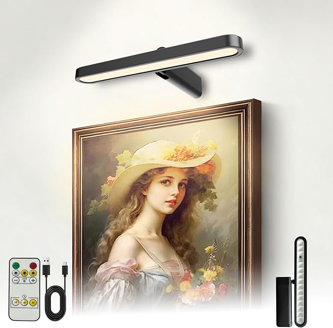 Picture Lights for Wall Battery Operated 4800mAh, 10inch Rechargeable Display Light with Remote/Rotatable, Dimmable/3CCT LED Art Cordless Lamp for Painting/Gallery Artwork/Portraits/Phote/Frame/Poster