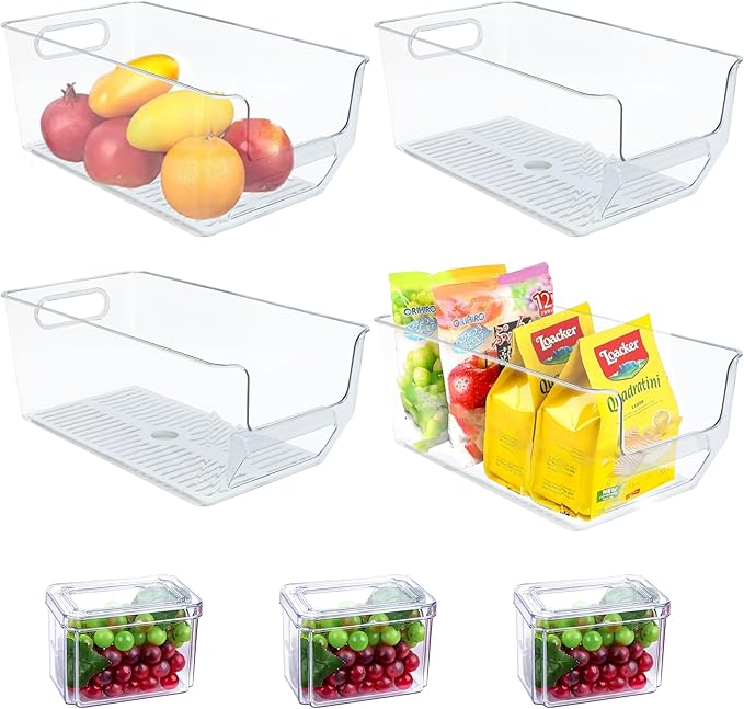 7Pcs Clear Plastic Storage Bins, Refrigerator Organizer Bins with Handles, Freezer Organizer Clear Organizing Bins, BPA-Free Fridge Storage Containers for Fridge, Freezer, Cabinet, Kitchen, Pantry