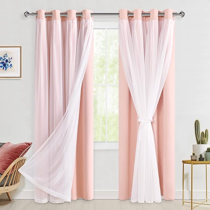 Hiasan Pink Blackout Curtains with Sheer Overlay Thermal Insulated Mix & Match Double Layer Room Darkening Window Curtains for Bedroom Living Room Nursery 2 Panels with Tiebacks (52W X 96L,Blush Pink)