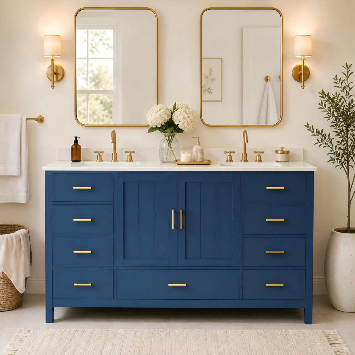 60” Bathroom Vanity with Double Sink, Quartz Top & Drawers, Blue Cabinet