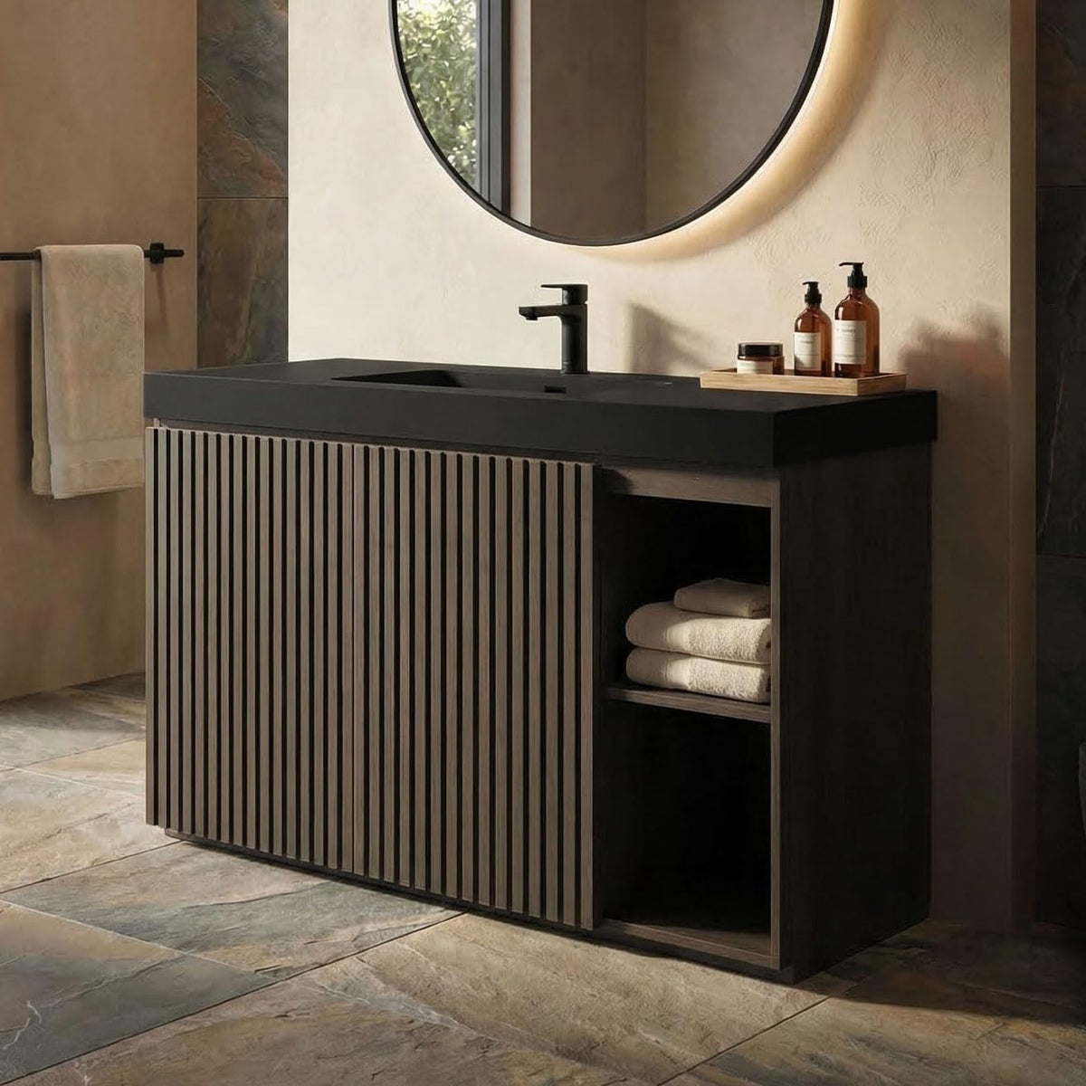 Little Tulip 48" Bathroom Vanity with Sink Combo, Mid Century Modern Bathroom Cabinet with Doors & Open Shelf, Matte Black Integrated Sink with Overflow, Dark Grey Oak