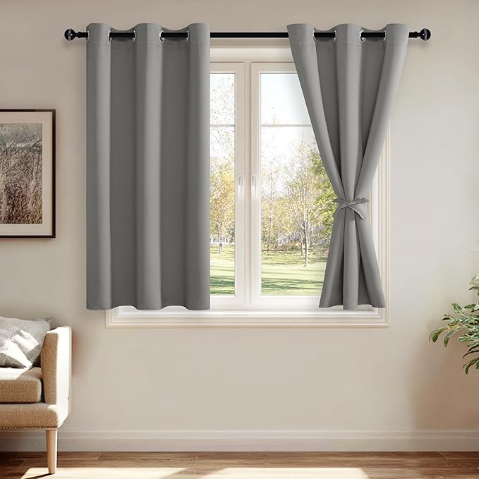 JIUZHEN Blackout Curtains with Tiebacks - Thermal Insulated, Light Blocking and Noise Reducing Grommet Curtain Drapes for Bedroom and Living Room, Set of 2 Panels, 42 x 45 Inch Length, Light Grey