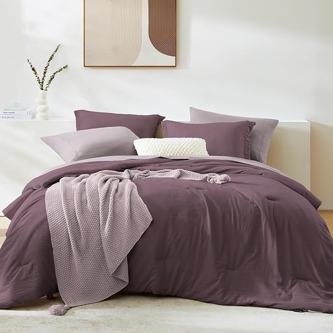 WRENSONGE Queen Comforter Set - 7 Pieces Artic Plum Soft Bed in a Bag Queen with Fitted Sheet, Flat Sheet, 2 Pillow Shams, and 2 Pillowcases- Warm Bedding Sets for All Season