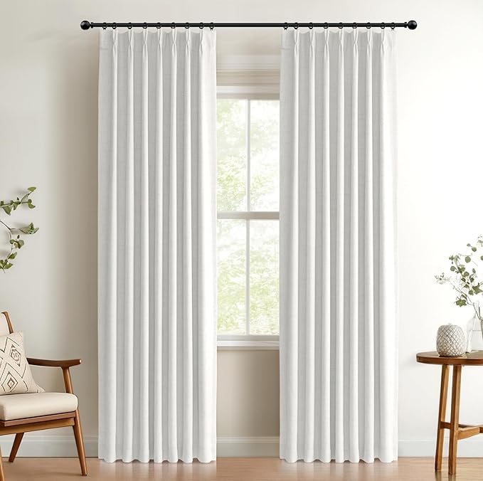 100% Blackout Shield Linen Look Textured Pinch Pleated Curtains Blackout Drapes 90 Inch Long 2 Panels Set, Faux Linen Blackout Curtains for Bedroom & Living Room, 40" W x 90" L, Bright White