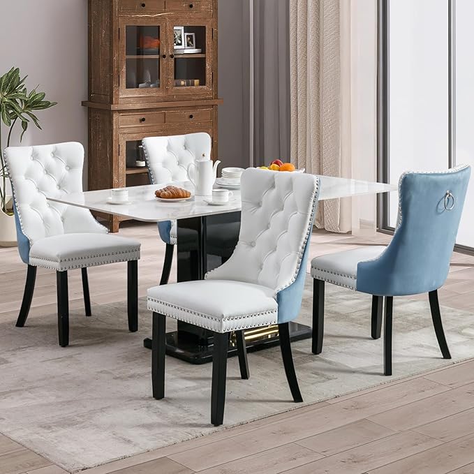 SoarFlash Leather Dining Chairs Set of 4, Tall Back Side Chair, Modern Upholstered Side Chair with Button Back Ring, Solid Wood Legs (White&Blue)